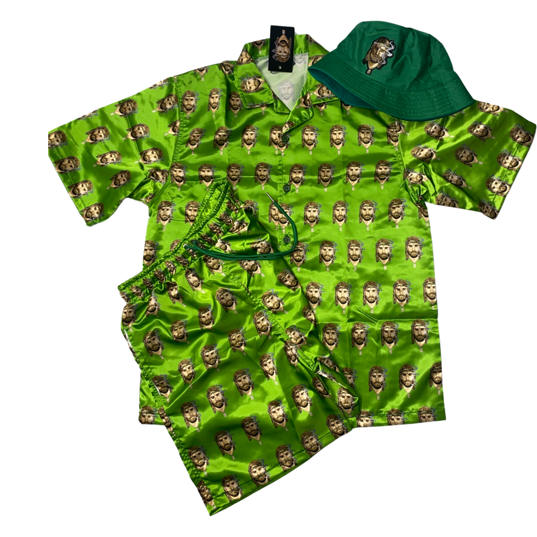 Satin Shirt & Short Combo - Green