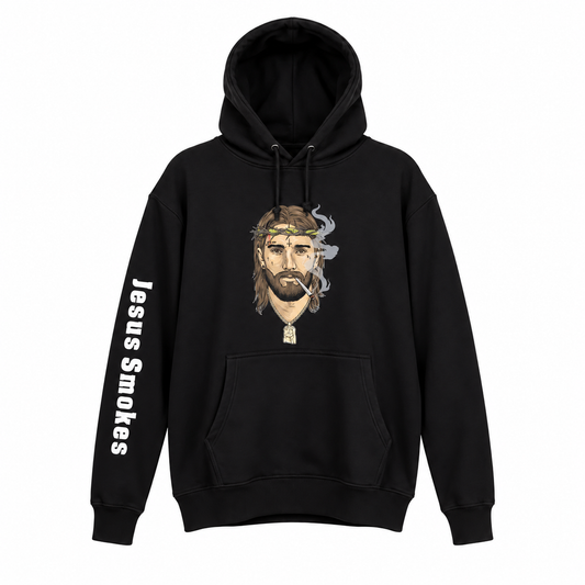 Black Jesus Smokes Classic Hoodie with detailed earth-tone logo and open hood