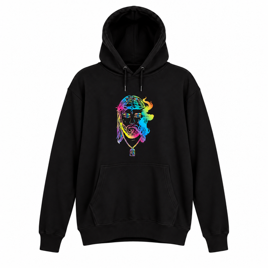 Black Prizm Jesus Smokes Classic Hoodie with detailed rainbow logo and open hood