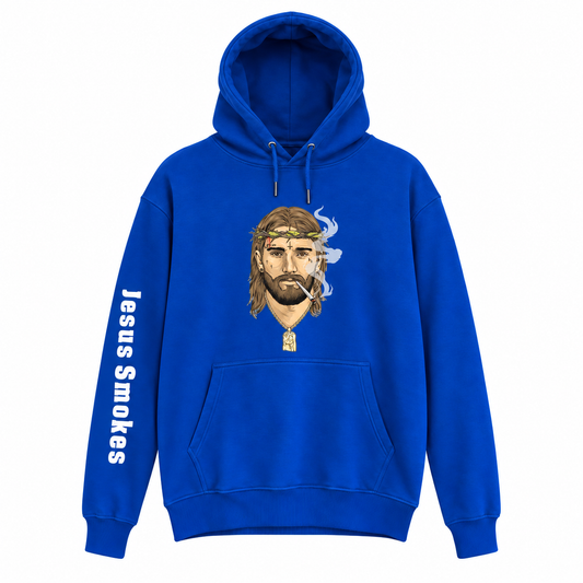 Jesus Smokes blue classic hoodie with detailed earth-tone logo and open hood