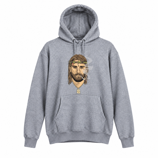 Gray Jesus Smokes Classic Hoodie with detailed earth-tone logo and open hood