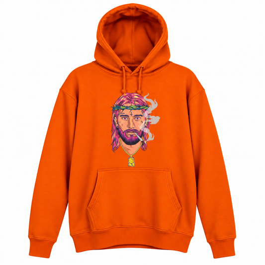 orange classic hoodie with detailed colorful Jesus Smokes logo and open hood