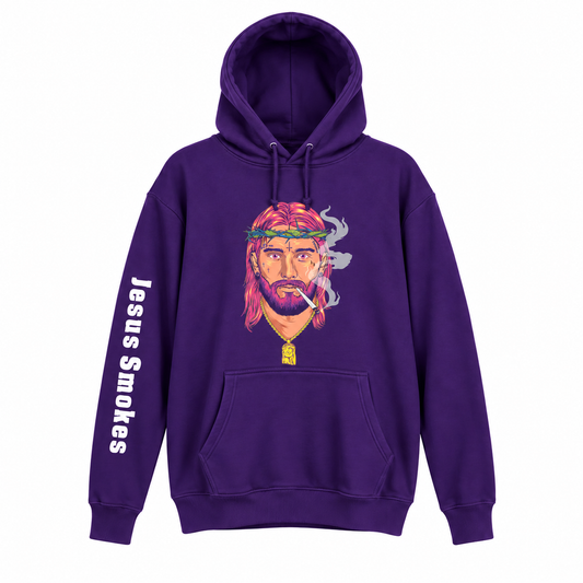 purple classic hoodie with detailed colorful Jesus Smokes logo and open hood