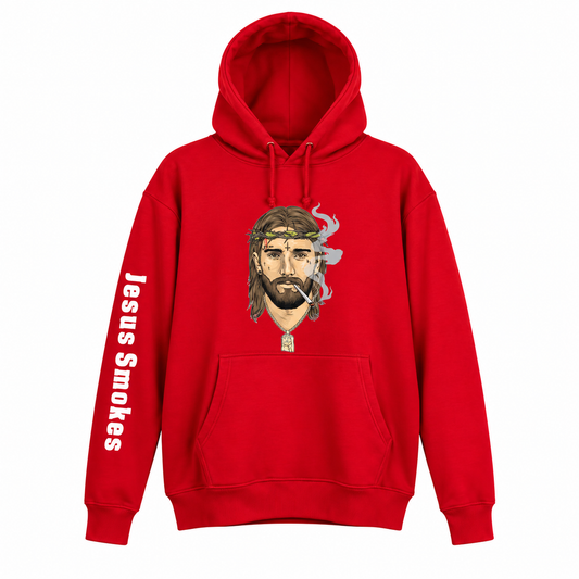 Jesus Smokes red classic hoodie with detailed earth-tone logo and open hood