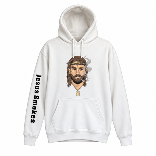 White Jesus Smokes Classic Hoodie with detailed earth-tone logo and open hood
