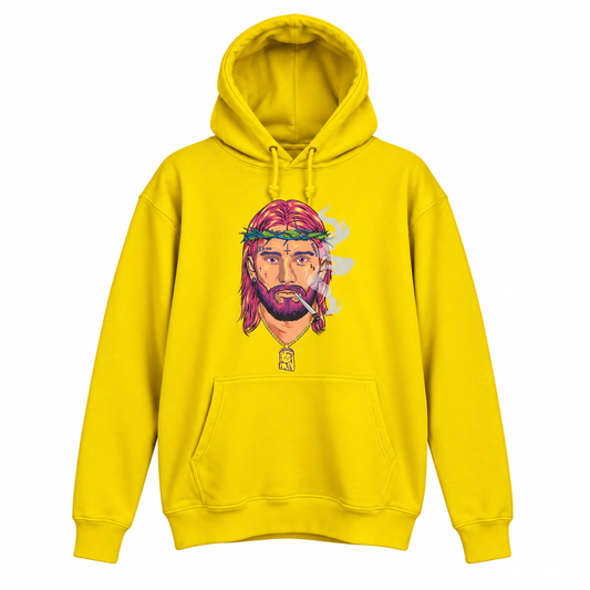 Yellow Jesus Smokes Classic Hoodie with detailed colorful logo and open hood